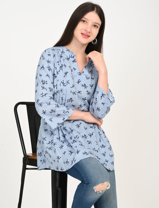 100% Cotton Floral Printed Top for Women – Light Blue, Everyday Comfort
