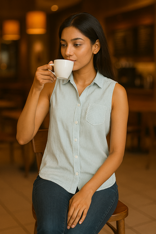 “Woman wearing sleeveless green striped cotton shirt from The Classy Clothing, enjoying coffee indoors – lightweight summer top for women in India.”