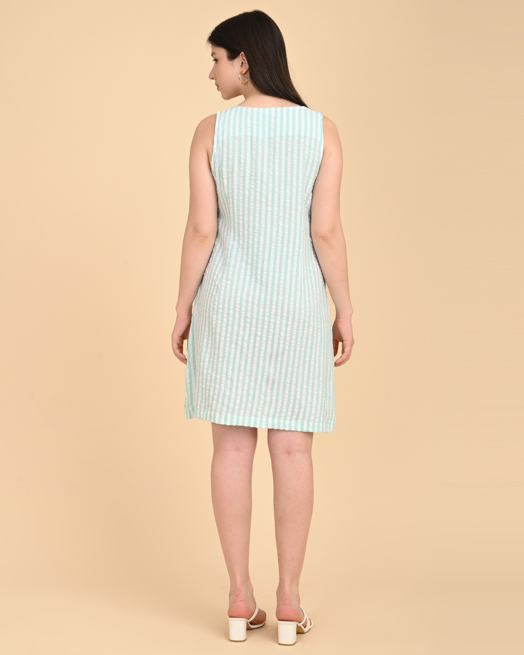 “Aqua striped cotton seersucker dress back view”