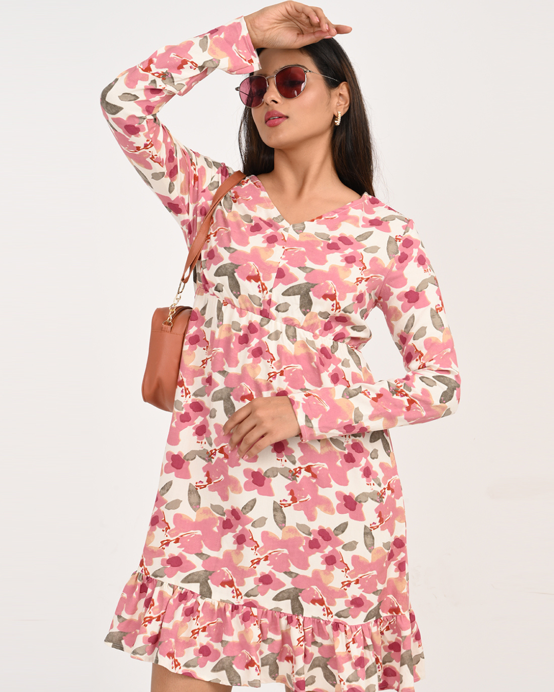 "Pink Floral Rayon Dress for Women – Long Sleeve Ruffle Hem Outfit" Bloom Ruffle Dress