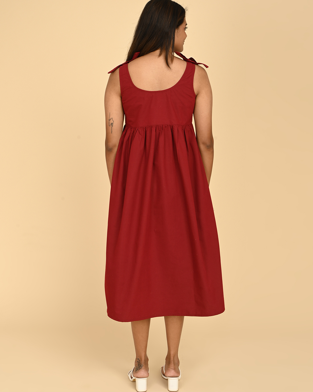 red cotton midi dress for women back view sleeveless A-line summer dress India