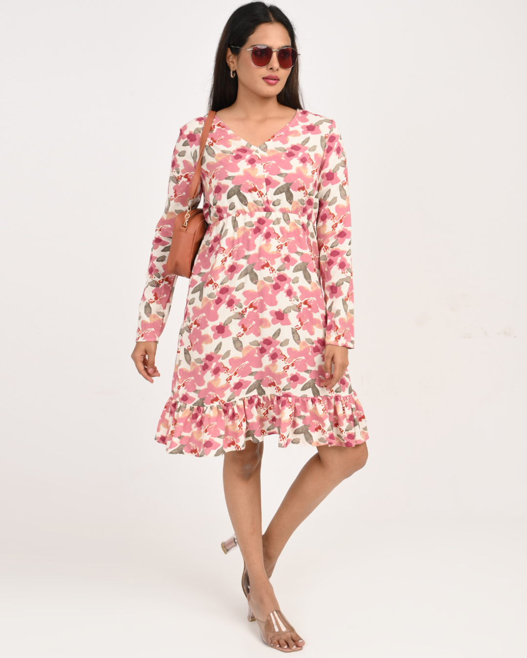 "Pink Floral Rayon Dress for Women – Long Sleeve Ruffle Hem Outfit" Bloom Ruffle Dress