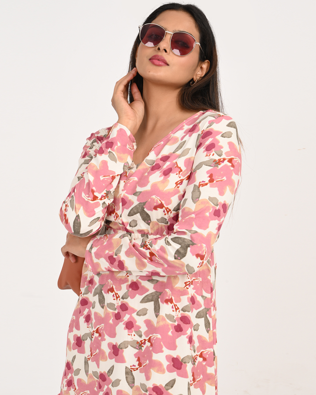 "Pink Floral Rayon Dress for Women – Long Sleeve Ruffle Hem Outfit" Bloom Ruffle Dress