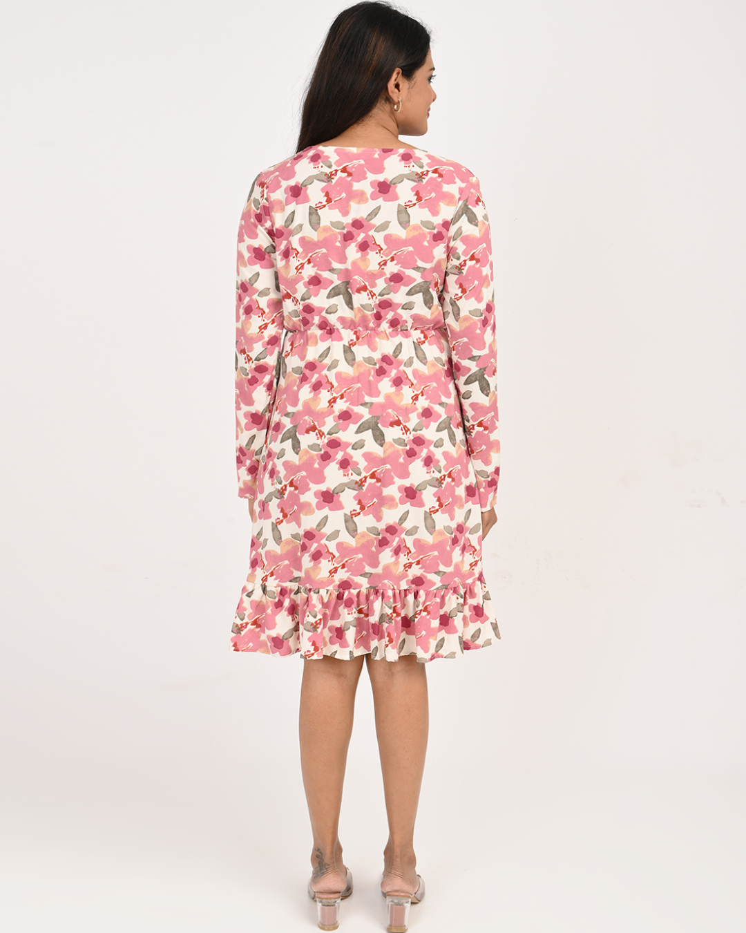 "Pink Floral Rayon Dress for Women – Long Sleeve Ruffle Hem Outfit" Bloom Ruffle Dress
