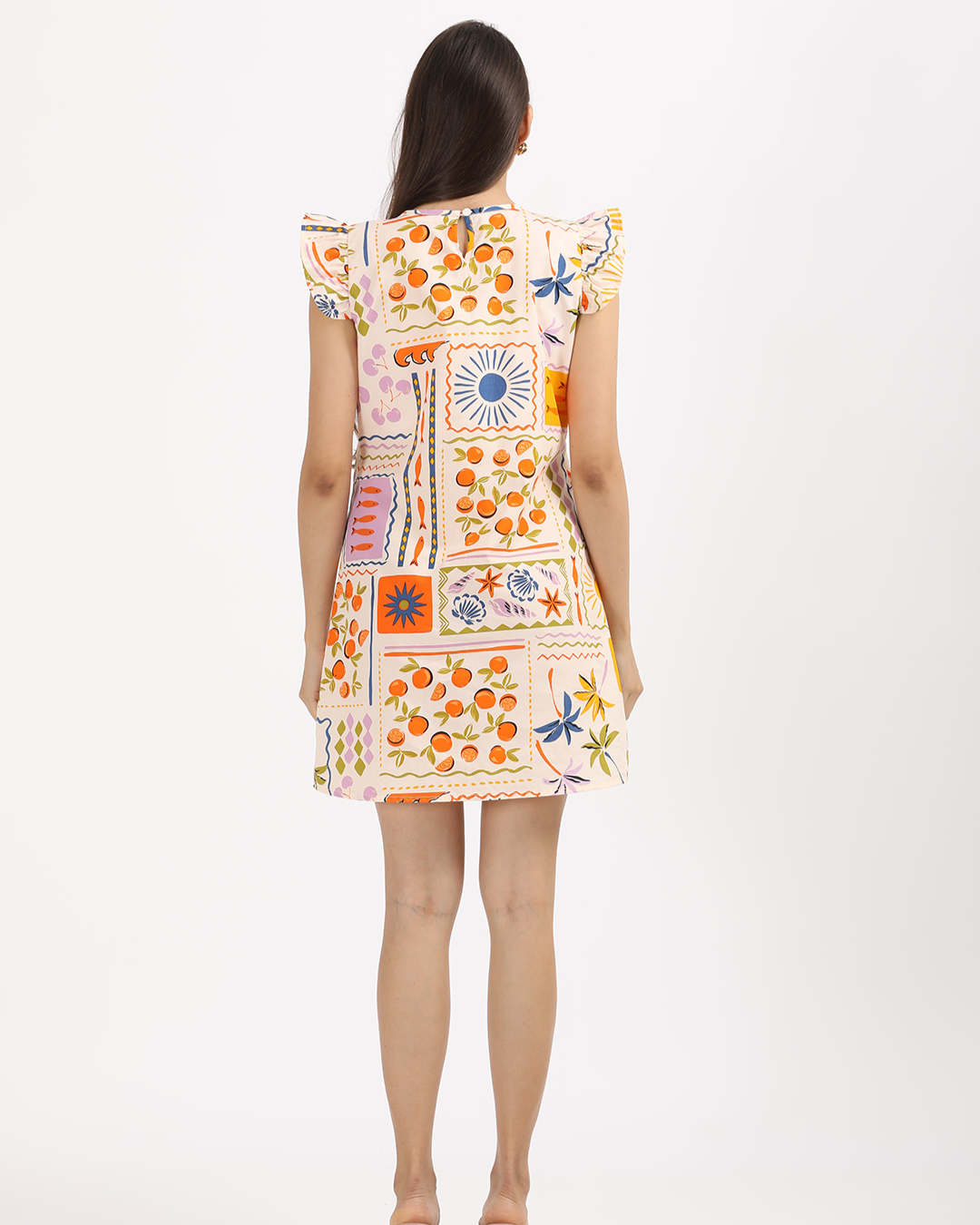 Printed cotton dress with Ruffled sleeves