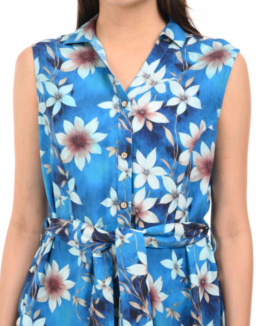Azure Bloom Sleeveless Shirt Dress