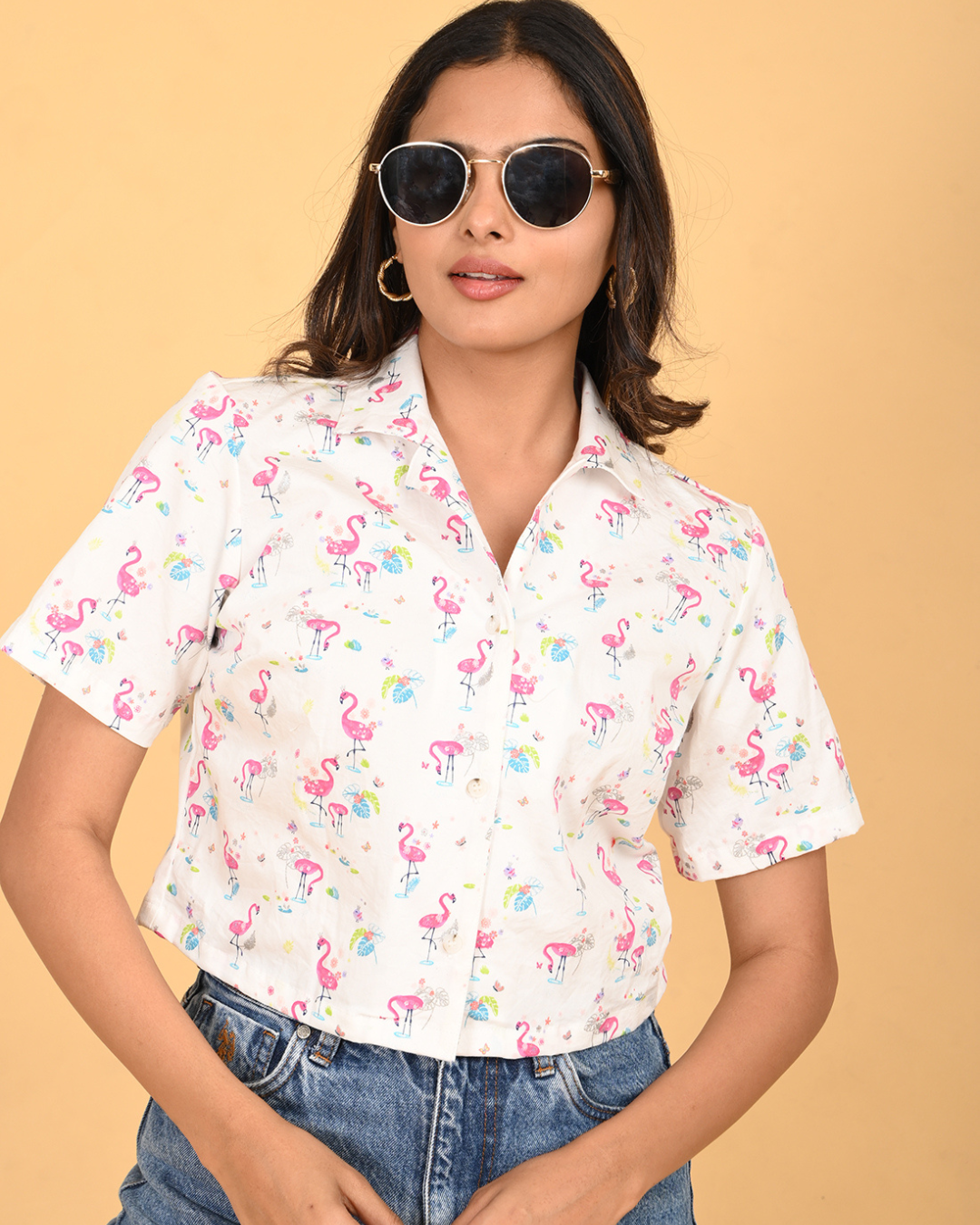 Trendy Summer Casual Button down Crop shirt.
