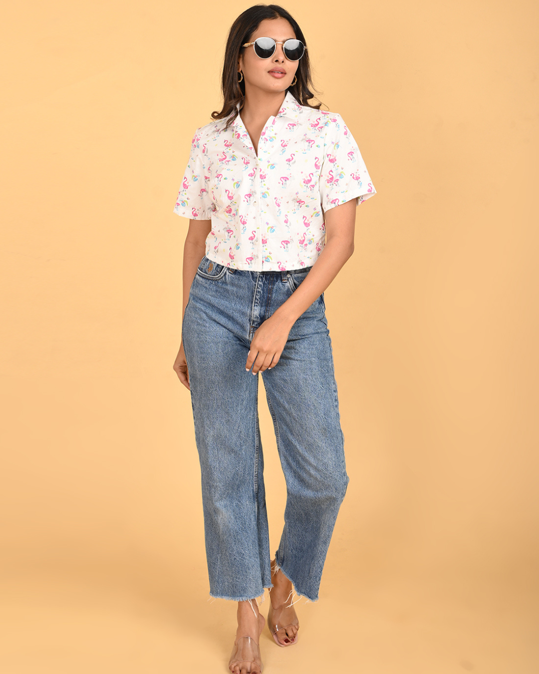 Trendy Summer Casual Button down Crop shirt.