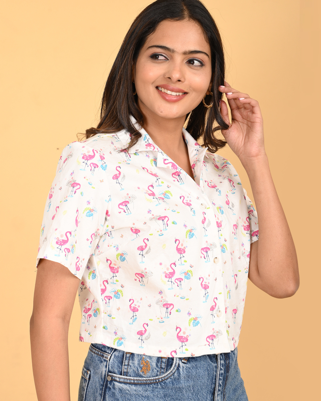 Trendy Summer Casual Button down Crop shirt.