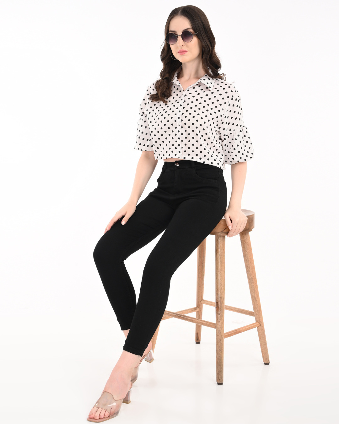 White Polka Dot Satin crop with Balloon Sleeves