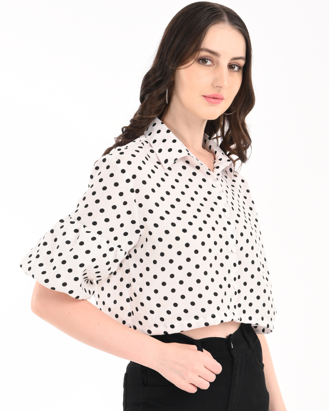 White Polka Dot Satin crop with Balloon Sleeves
