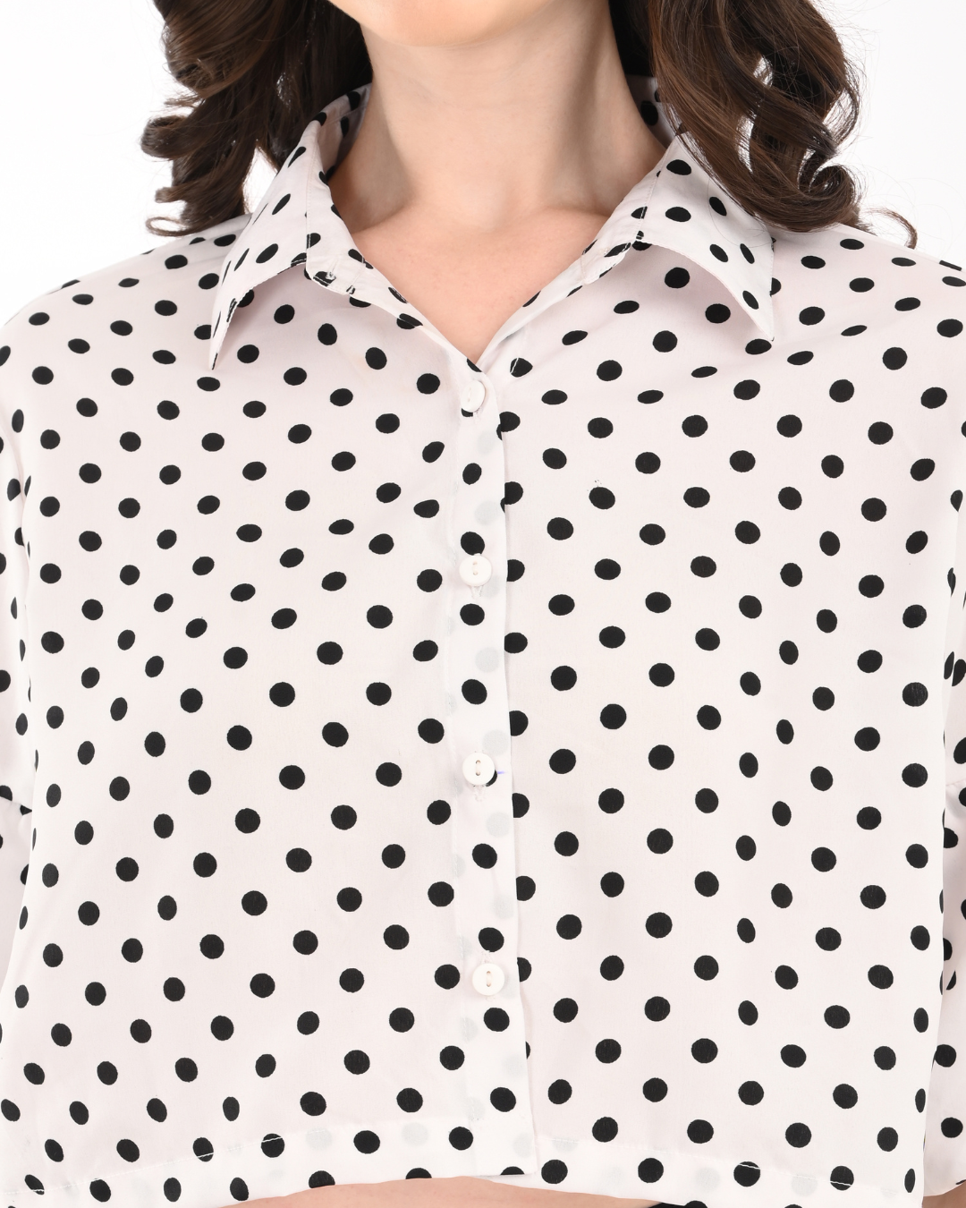 White Polka Dot Satin crop with Balloon Sleeves