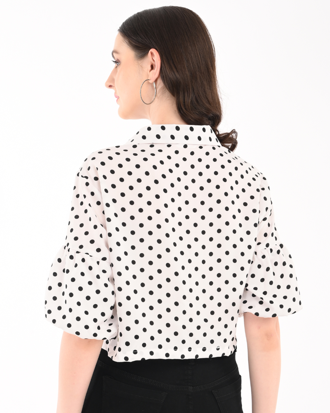 White Polka Dot Satin crop with Balloon Sleeves