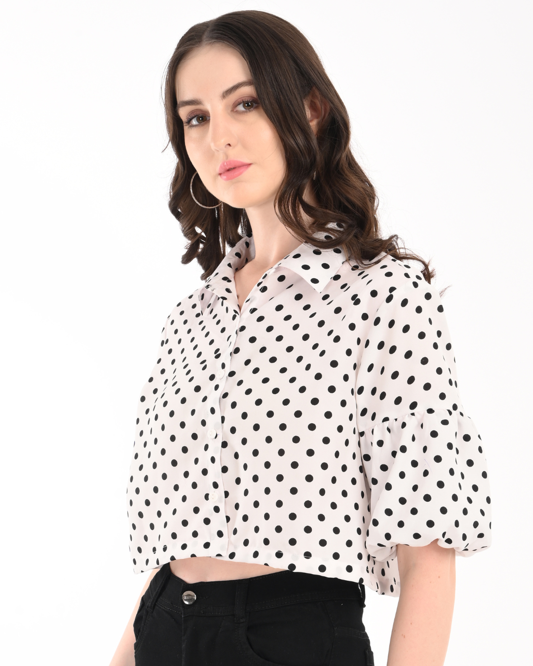 White Polka Dot Satin crop with Balloon Sleeves