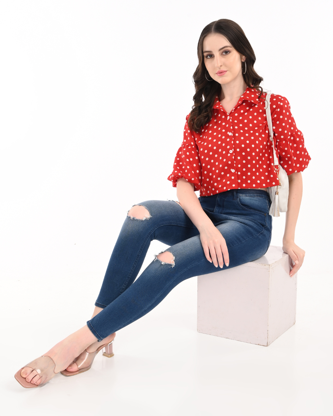 Red Polka Dot Balloon Sleeves Crop Top