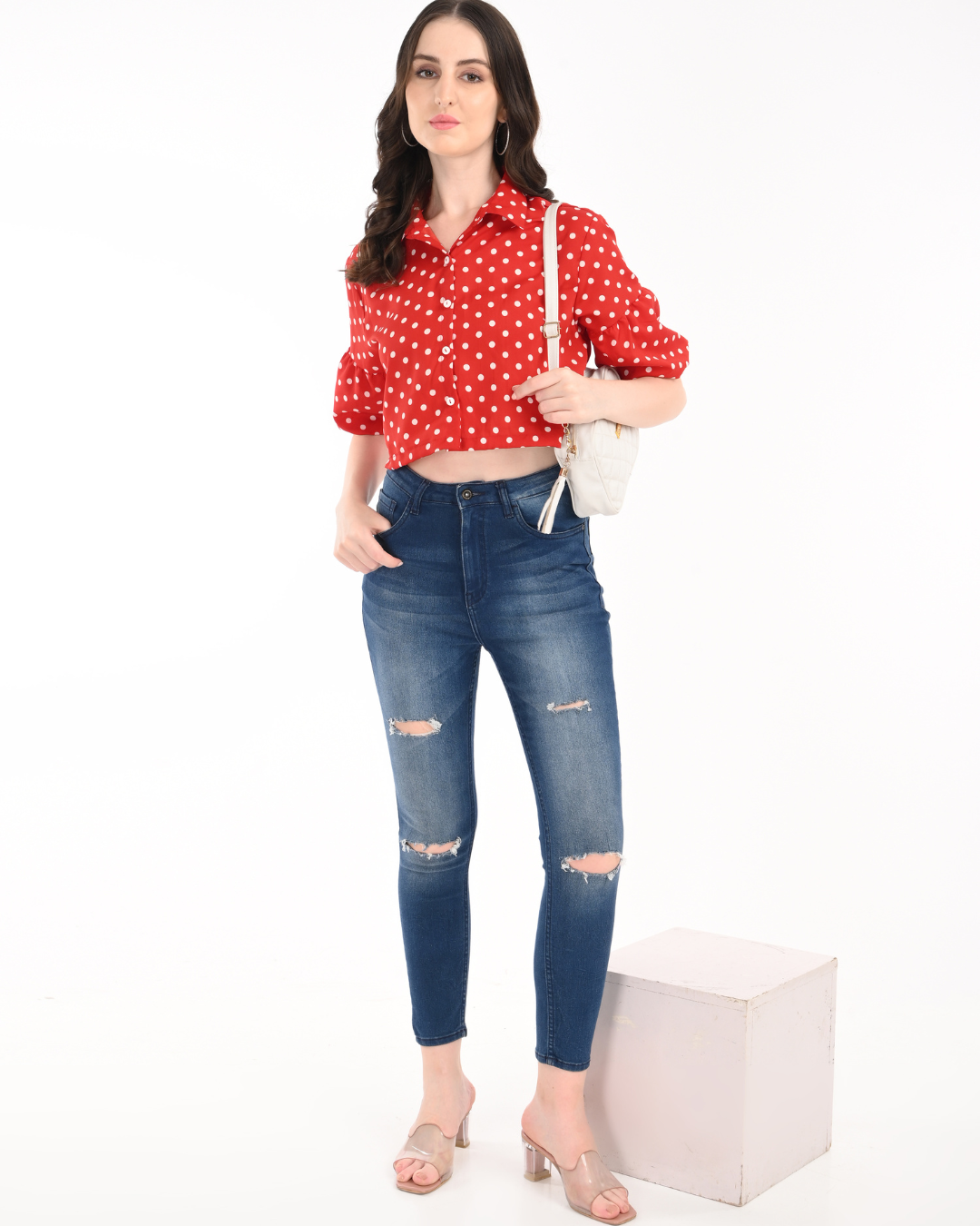Red Polka Dot Balloon Sleeves Crop Top