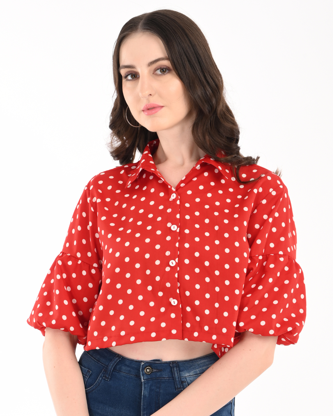Red Polka Dot Balloon Sleeves Crop Top