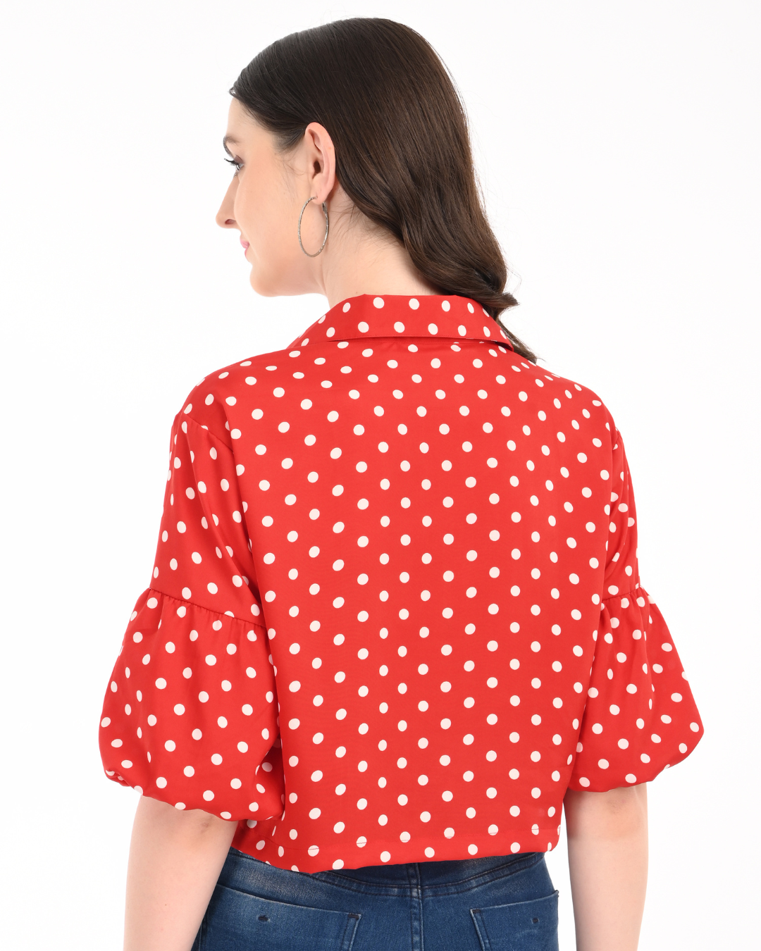 Red Polka Dot Balloon Sleeves Crop Top