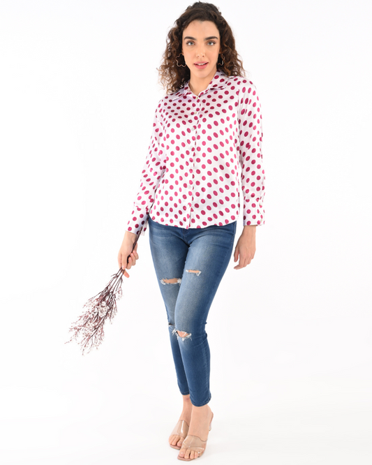 Women's Satin Polka Dot Print Shirt – Long Sleeve Top for Office & Casual Wear, Premium Satin Fabric by The Classy Clothing"