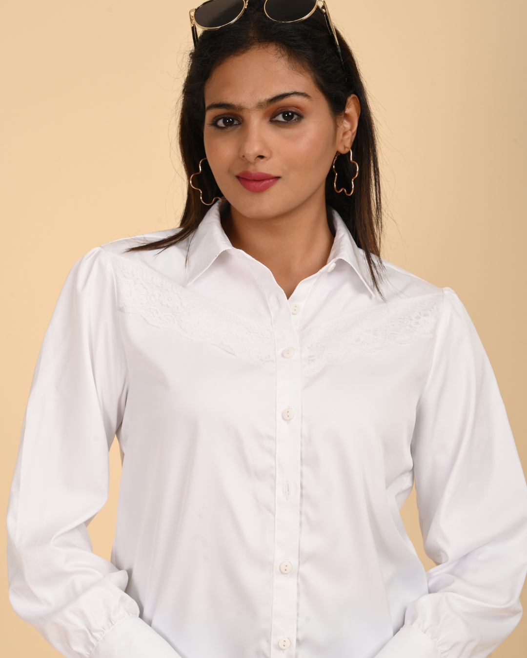 Elegant white Satin Shirt with Tonal Lace Detail.