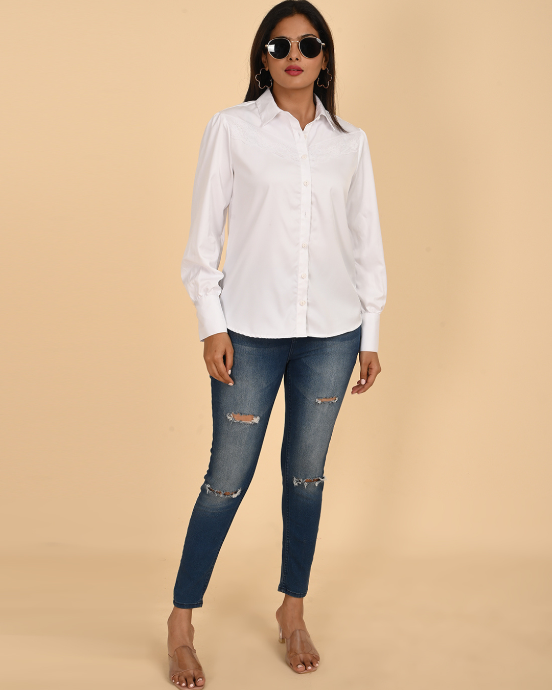Elegant white Satin Shirt with Tonal Lace Detail.