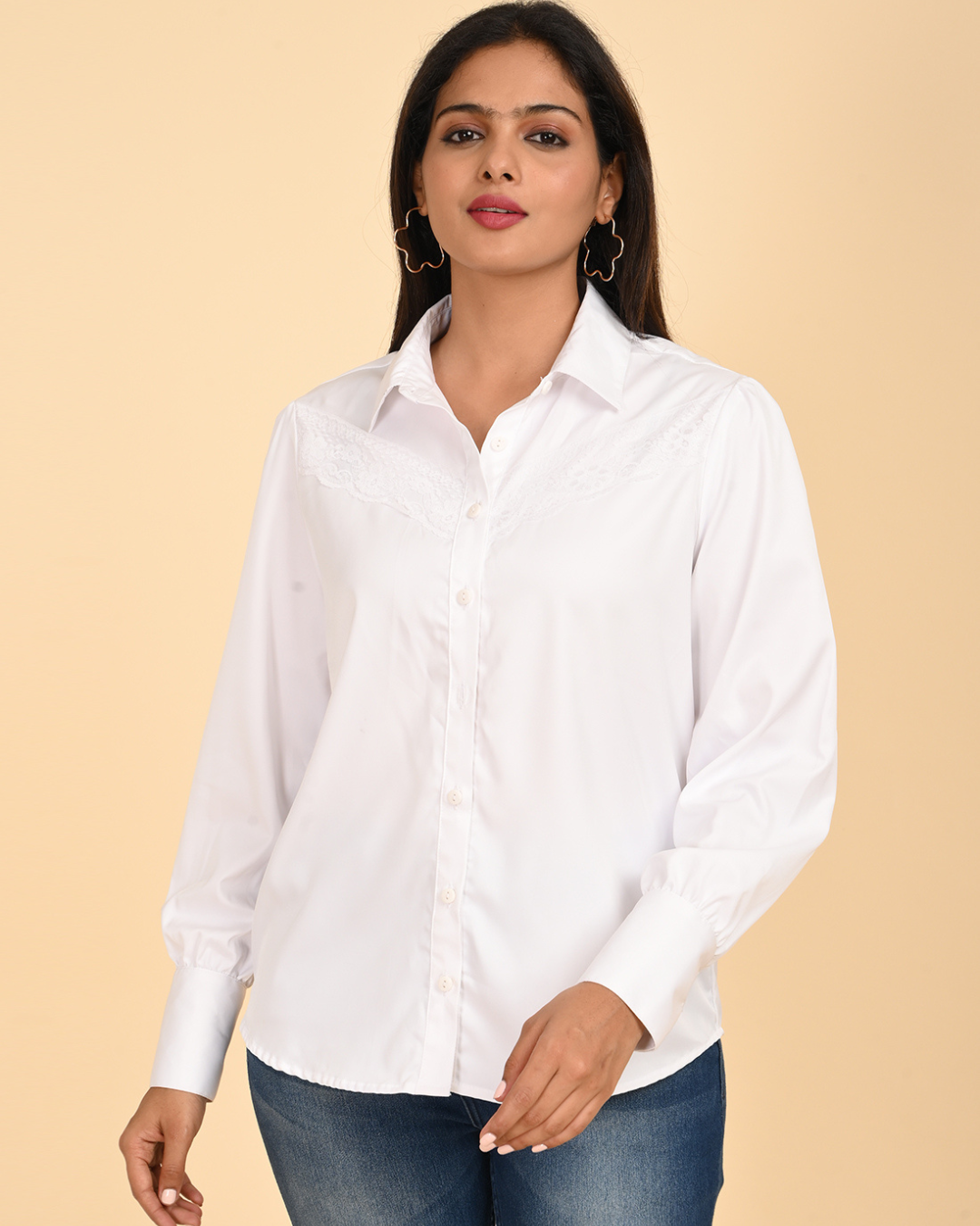 Elegant white Satin Shirt with Tonal Lace Detail.