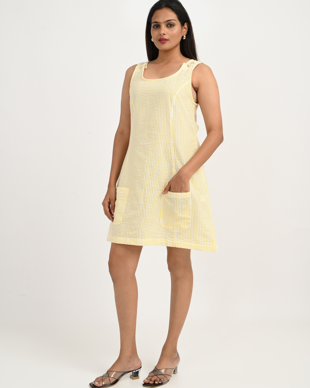 Women's Yellow and White StripeCotton Seersucker Sleeveless dress with Pocket