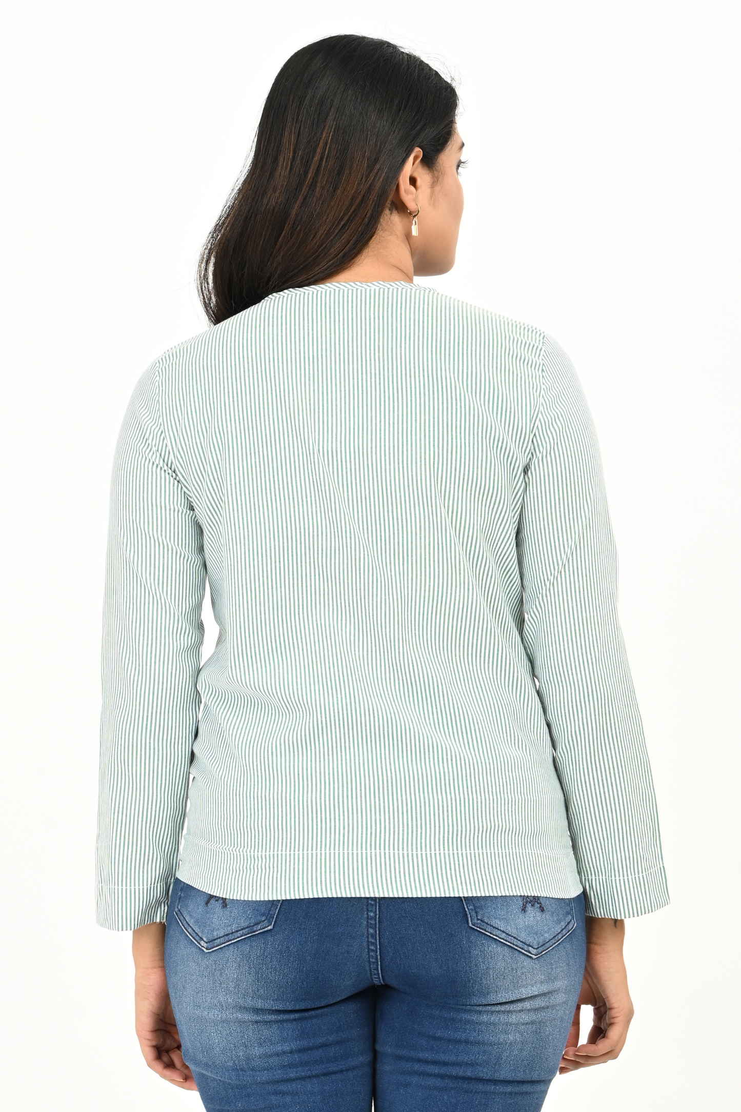 Back view of women’s mint green & white striped cotton top – hip length, comfortable fit.