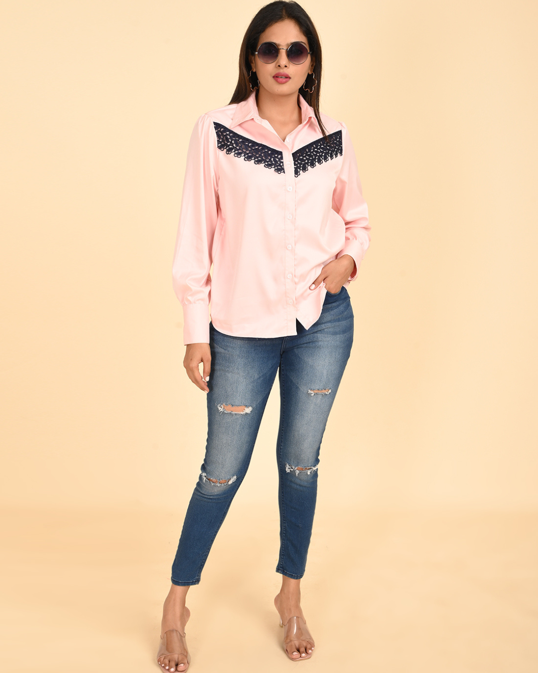 Blush Satin Shirt with Contrast Lace Yoke.