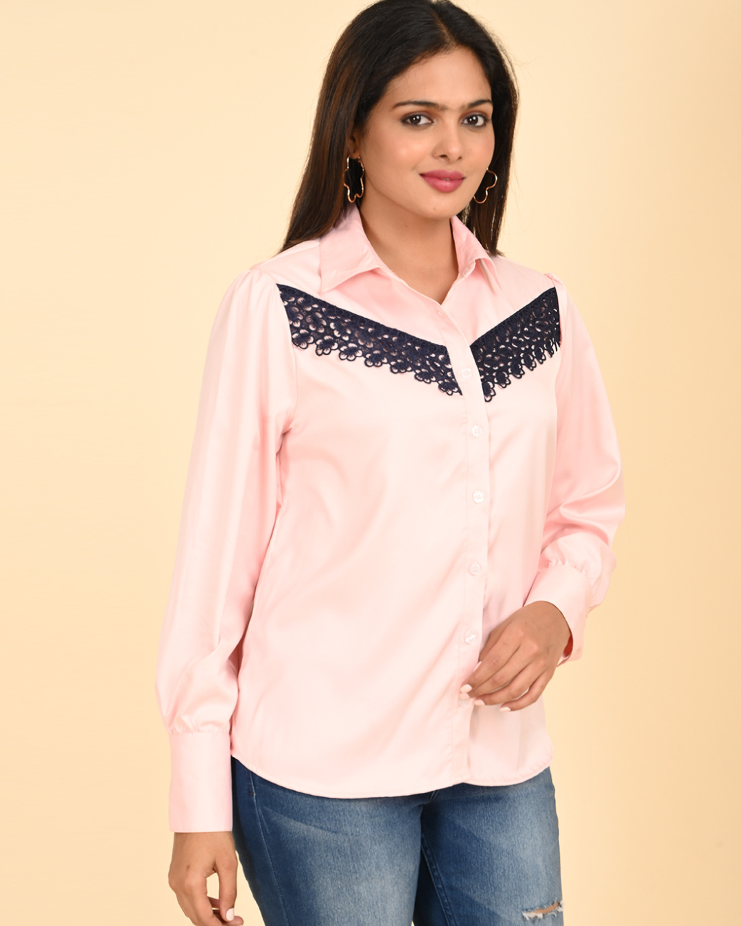 Blush Satin Shirt with Contrast Lace Yoke.