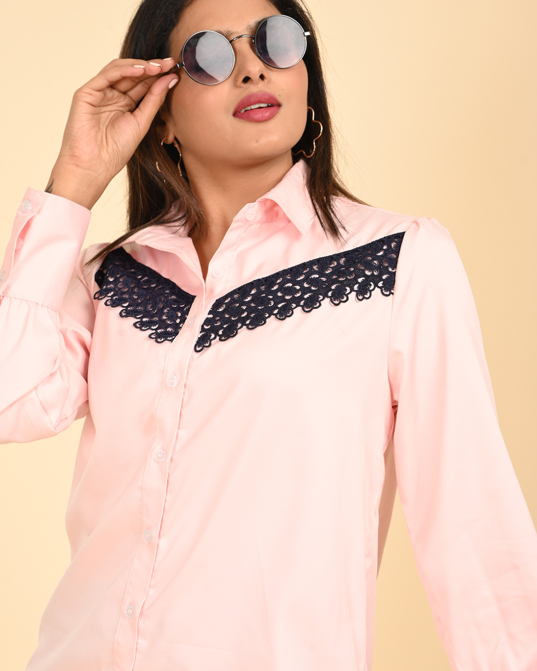 Blush Satin Shirt with Contrast Lace Yoke.
