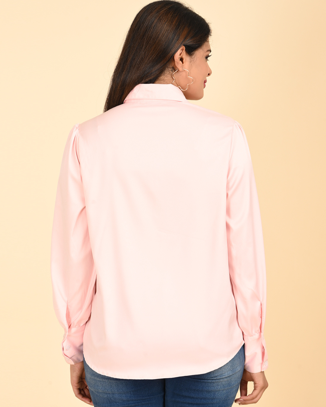 Blush Satin Shirt with Contrast Lace Yoke.