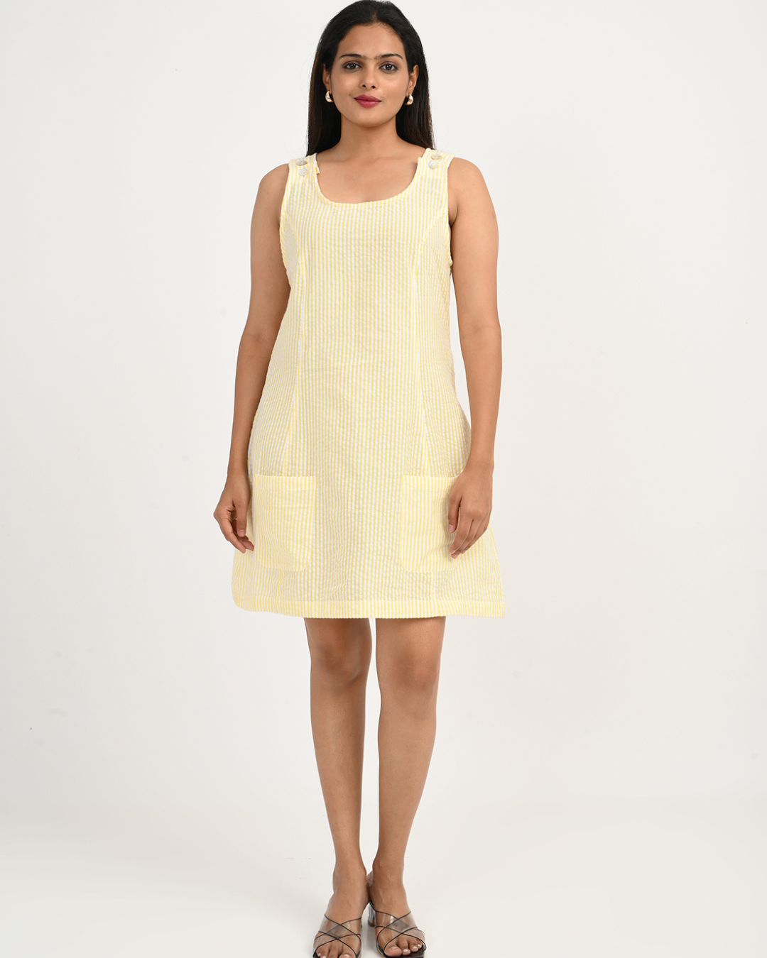 Women's Yellow and White StripeCotton Seersucker Sleeveless dress with Pocket