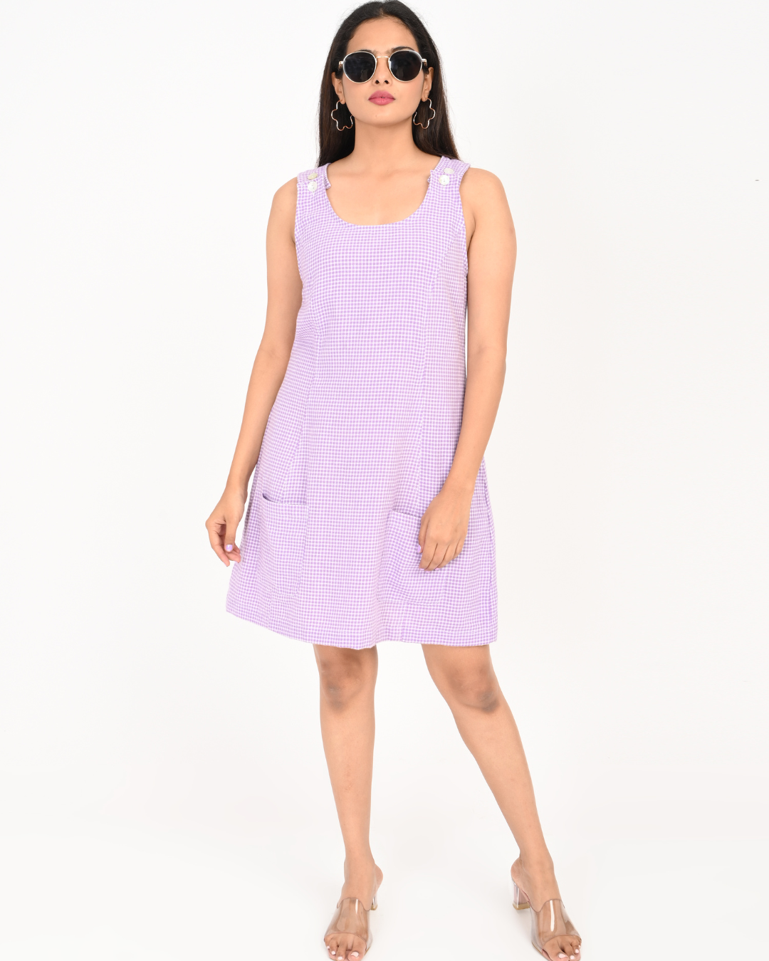 Women’s Purple Check Sleeveless Cotton Dress with Pockets – Everyday Comfort