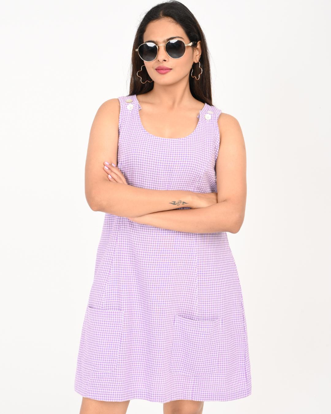 Women’s Purple Check Sleeveless Cotton Dress with Pockets – Everyday Comfort