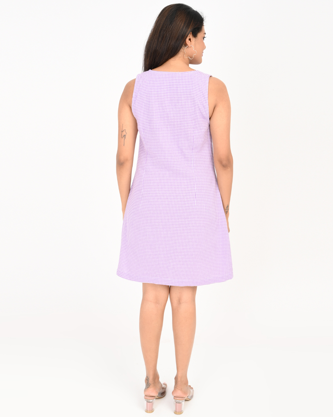 Women’s Purple Check Sleeveless Cotton Dress with Pockets – Everyday Comfort