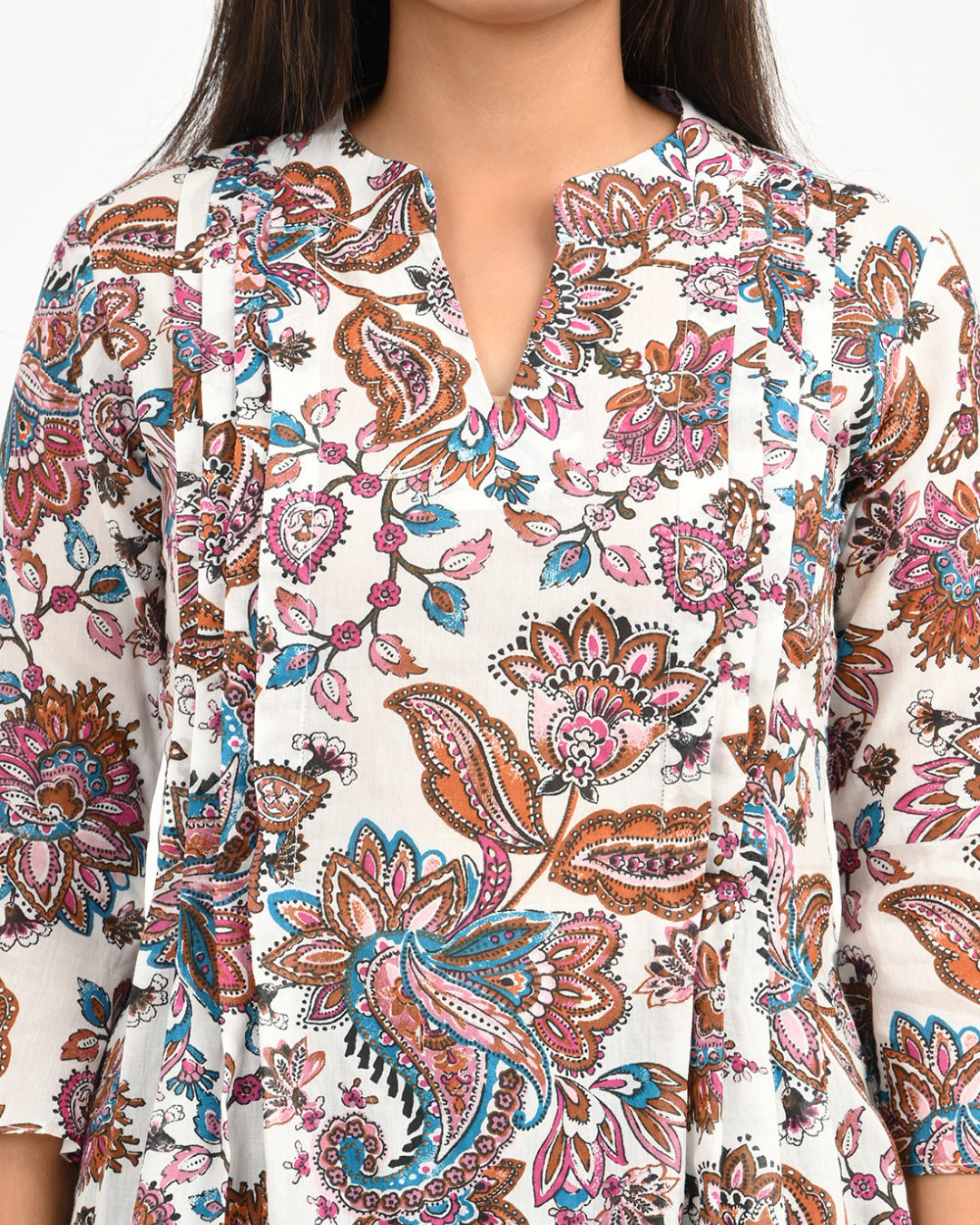 100% Cotton Voile Floral Printed Top with Front Pleat.