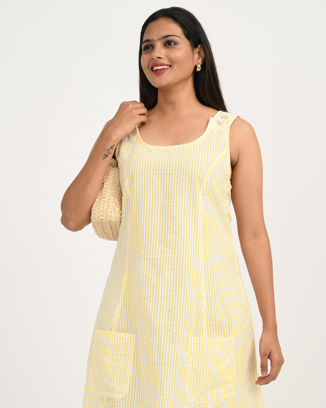 Women's Yellow and White StripeCotton Seersucker Sleeveless dress with Pocket