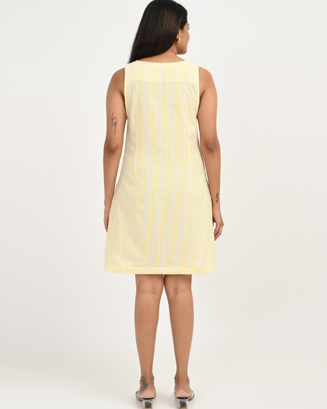 Women's Yellow and White StripeCotton Seersucker Sleeveless dress with Pocket