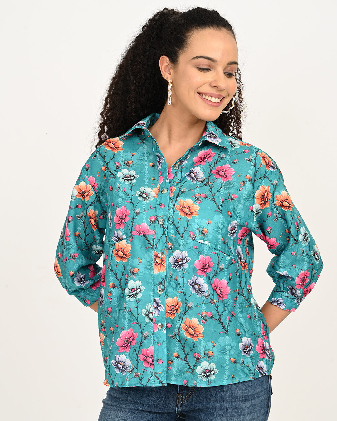 Aqua Blue Floral Cotton Top with relaxed fit and 3/4th sleeves - Classy Clothing