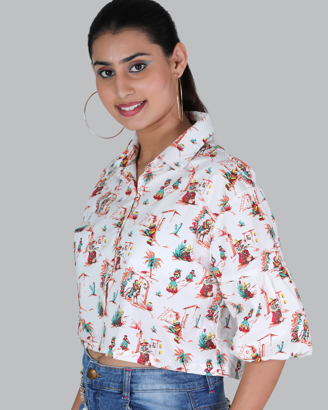 Hawain Print Baloon Sleeve Crop Top