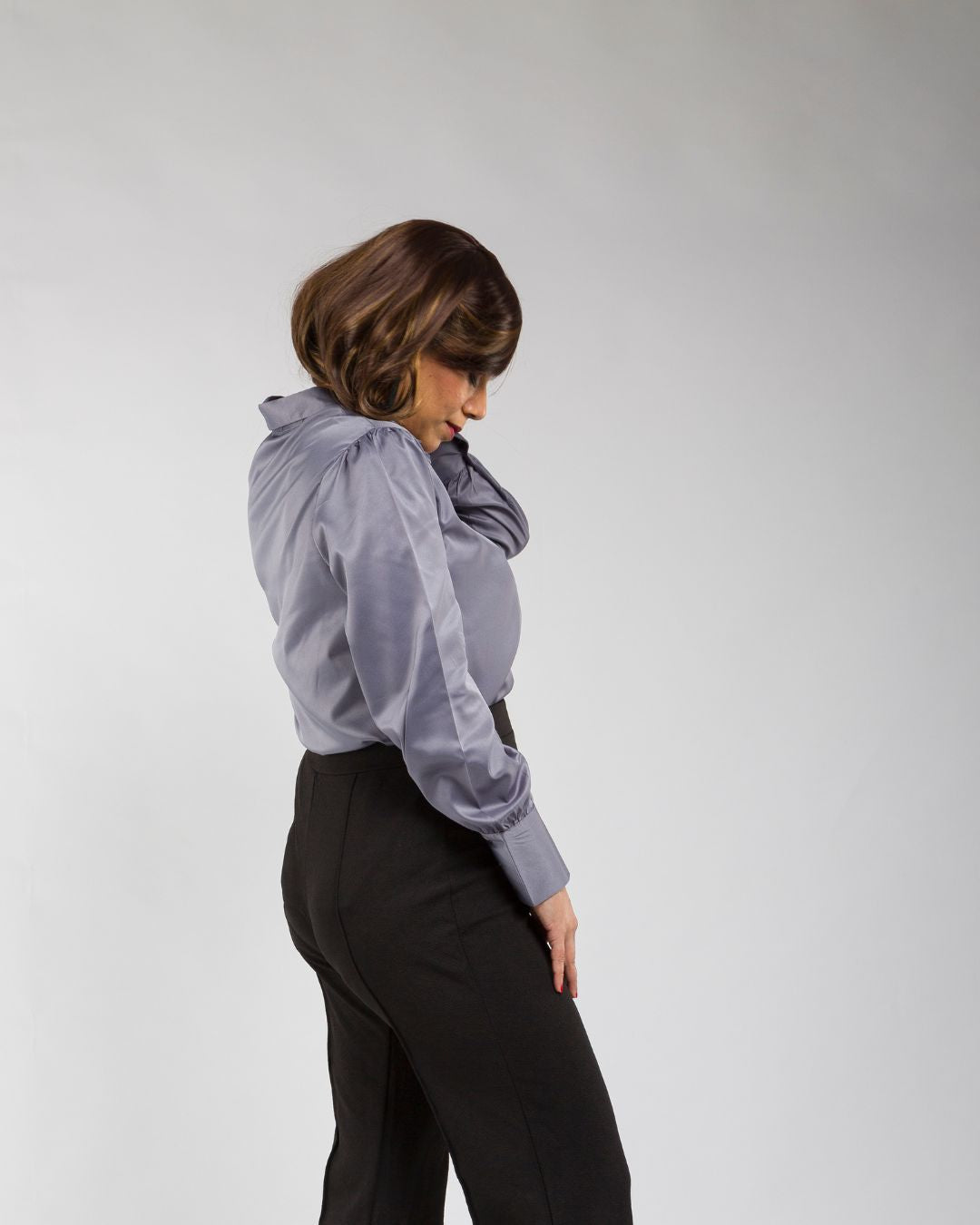 Long Sleeves Satin Shirt in Silver Grey Color