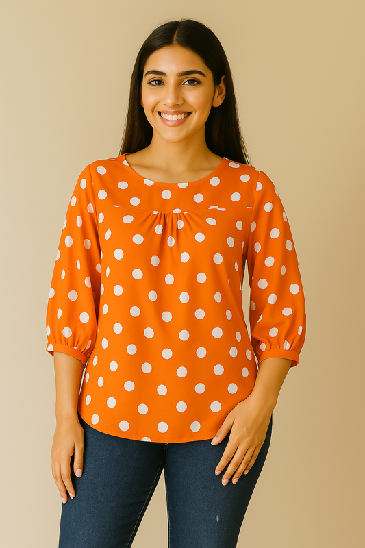 Orange polka dot rayon top for women – 3/4 sleeve casual summer wear by The Classy Clothing