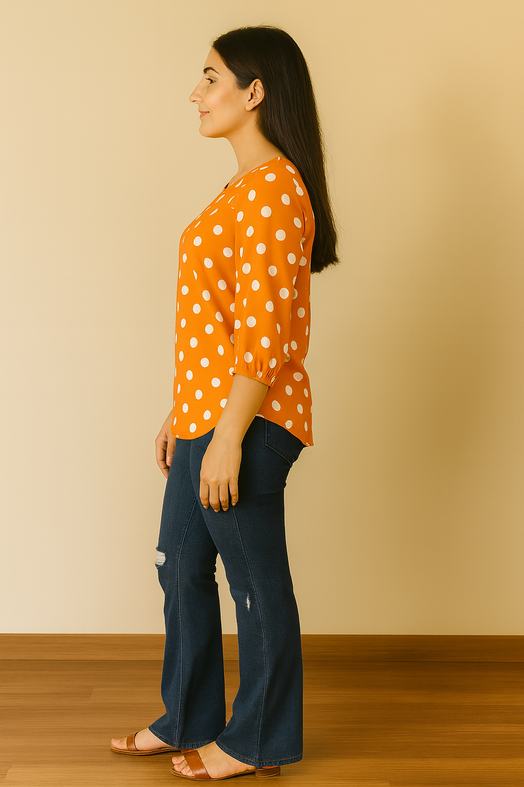 Orange Polka Dot Rayon Top for Women – 3/4 Sleeve Casual Blouse