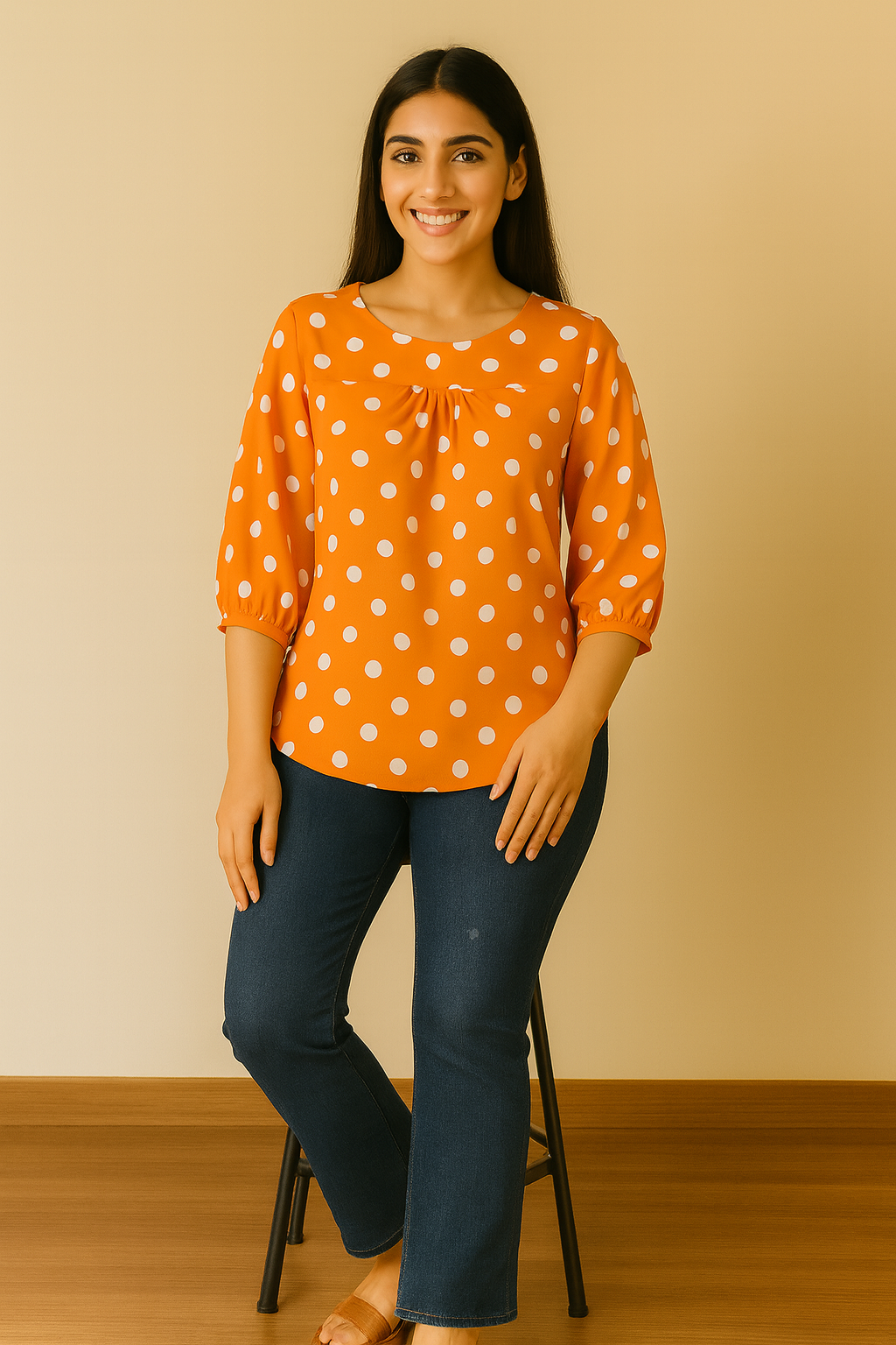Orange Polka Dot Rayon Top for Women – 3/4 Sleeve Casual Blouse
