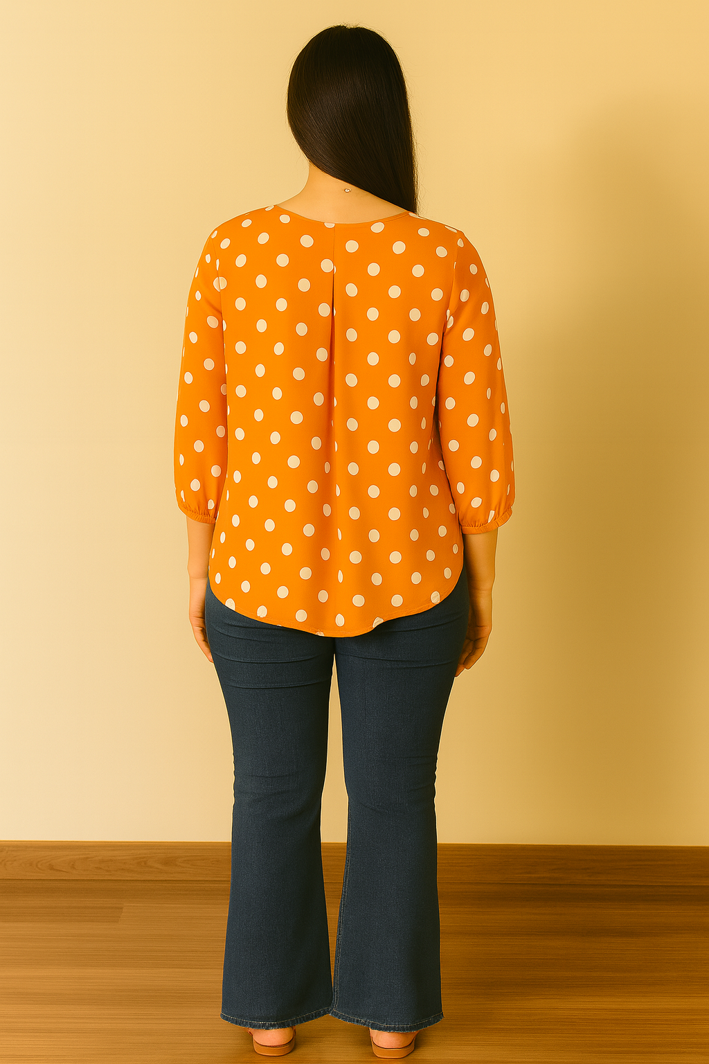Orange Polka Dot Rayon Top for Women – 3/4 Sleeve Casual Blouse
