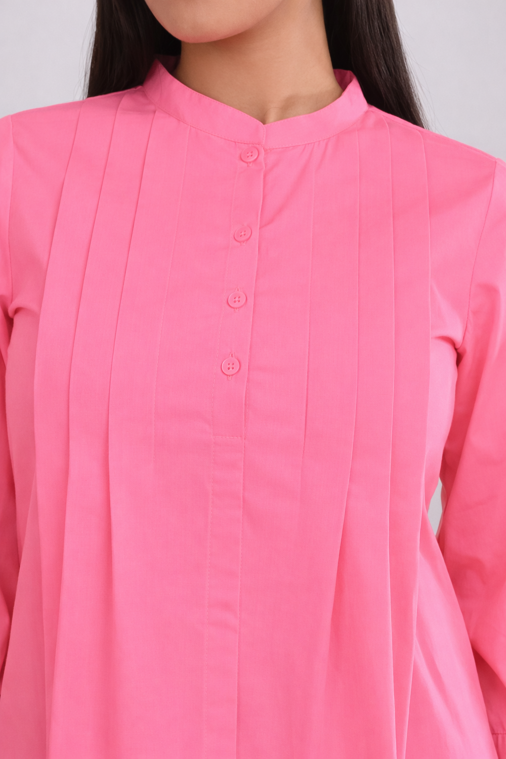 Office wear pink pintuck cotton top for women close up detail