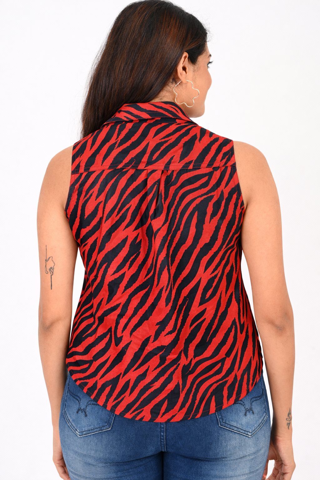 Back view of red & black zebra print cotton sleeveless top for women, Western wear India