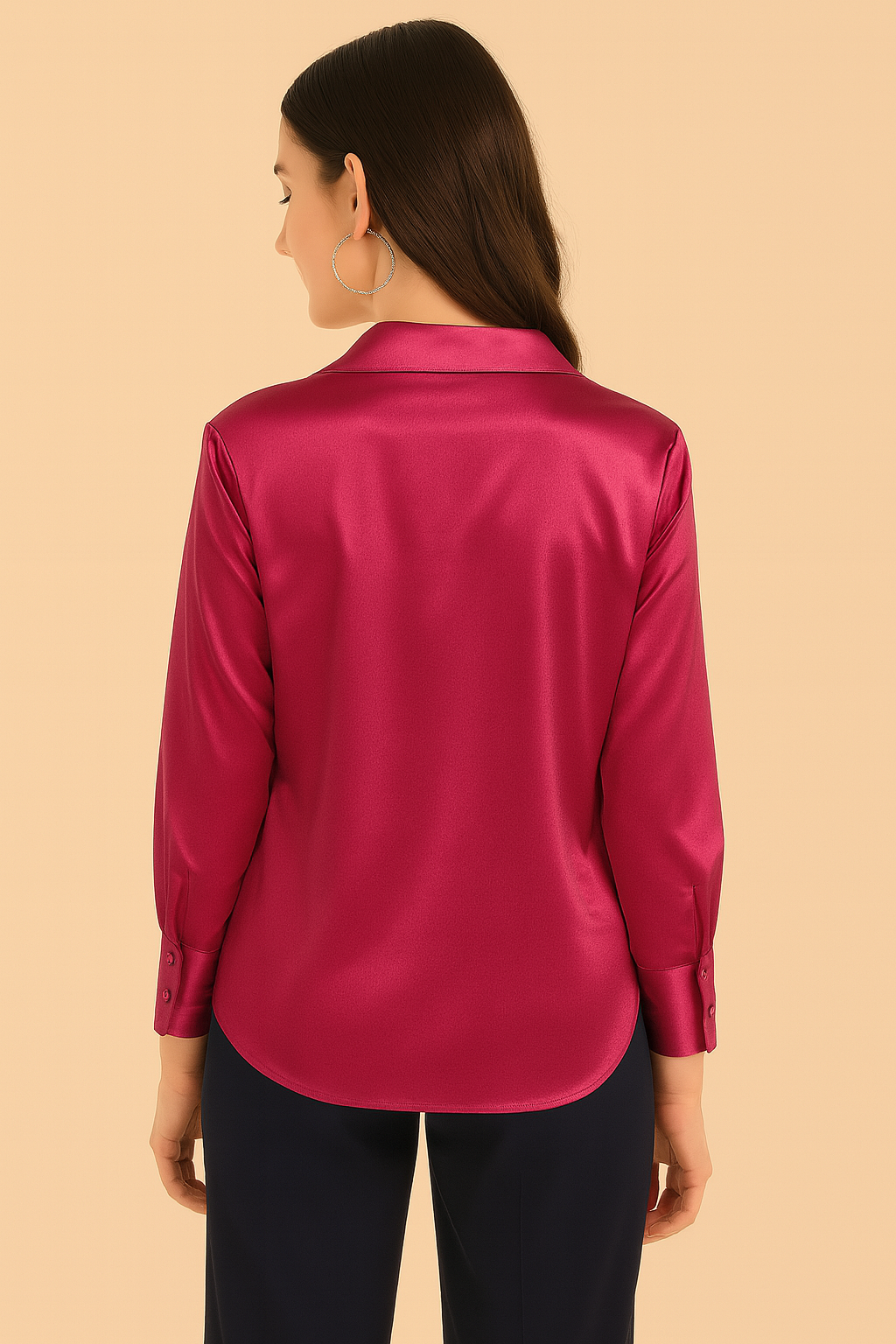 “Raspberry Satin Shirt Back View – Long Sleeve Women’s Office Shirt with Smooth Satin Finish”