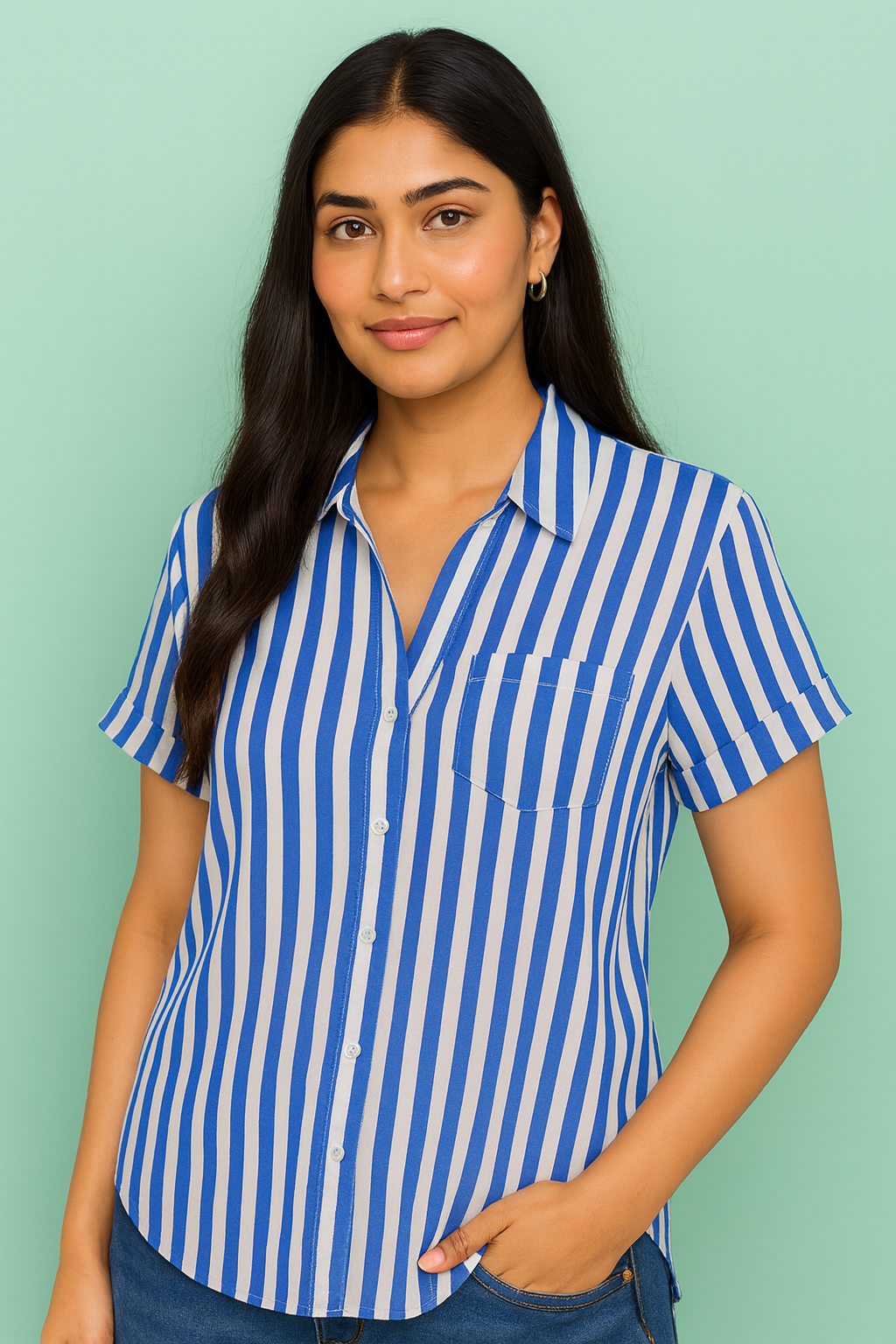 Women’s Blue & White Stripe Relaxed Fit Folded Cuff Shirt – Summer Casual